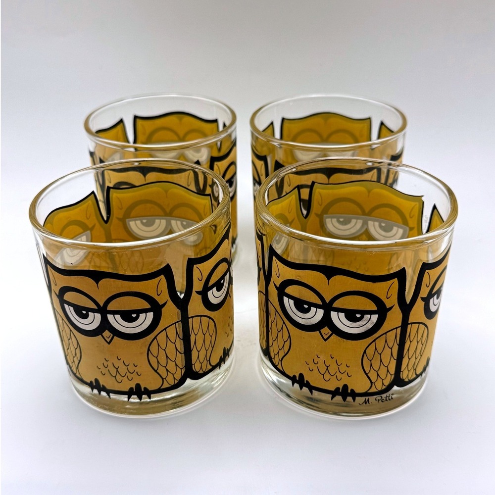 M. Petti Owl Lowball Glasses Vintage Set of 4 Yellow MCM Rocks Glass Excellent